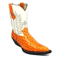 Bota De Couro Avestruz Cheio Laranja - Cano Médio, Bico Fino, Solado De Couro Artesanal - imagem 6