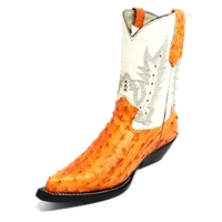 Bota De Couro Avestruz Cheio Laranja - Cano Médio, Bico Fino, Solado De Couro Artesanal - imagem 1