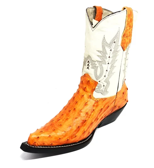 Bota De Couro Avestruz Cheio Laranja - Cano Médio, Bico Fino, Solado De Couro Artesanal