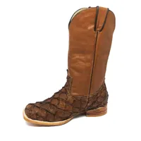Bota Texana de Couro Legítimo de Pirarucu Dry leaf - Cano Alto, Bico Quadrado - Solado de Couro Artesanal | Reizinho Bot - imagem 5