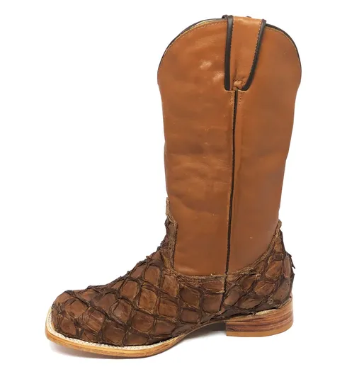 Bota Texana de Couro Legítimo de Pirarucu Dry leaf - Cano Alto, Bico Quadrado - Solado de Couro Artesanal | Reizinho Botas