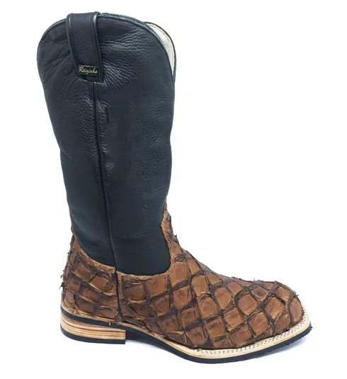 Bota Texana de Couro Legítimo de Pirarucu Dry Leaf - Cano Alto, Bico Quadrado - Solado X-Flex Artesanal