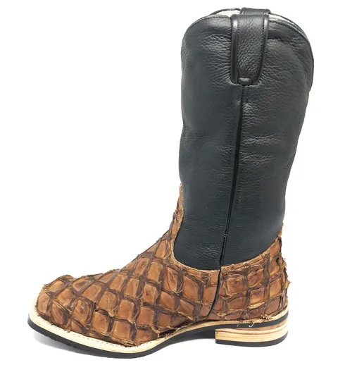 Bota Texana de Couro Legítimo de Pirarucu Dry Leaf - Cano Alto, Bico Quadrado - Solado X-Flex Artesanal