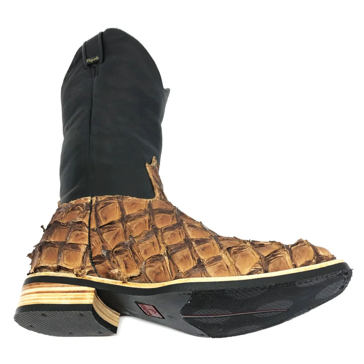 Bota Texana de Couro Legítimo de Pirarucu Dry Leaf - Cano Alto, Bico Quadrado - Solado X-Flex Artesanal
