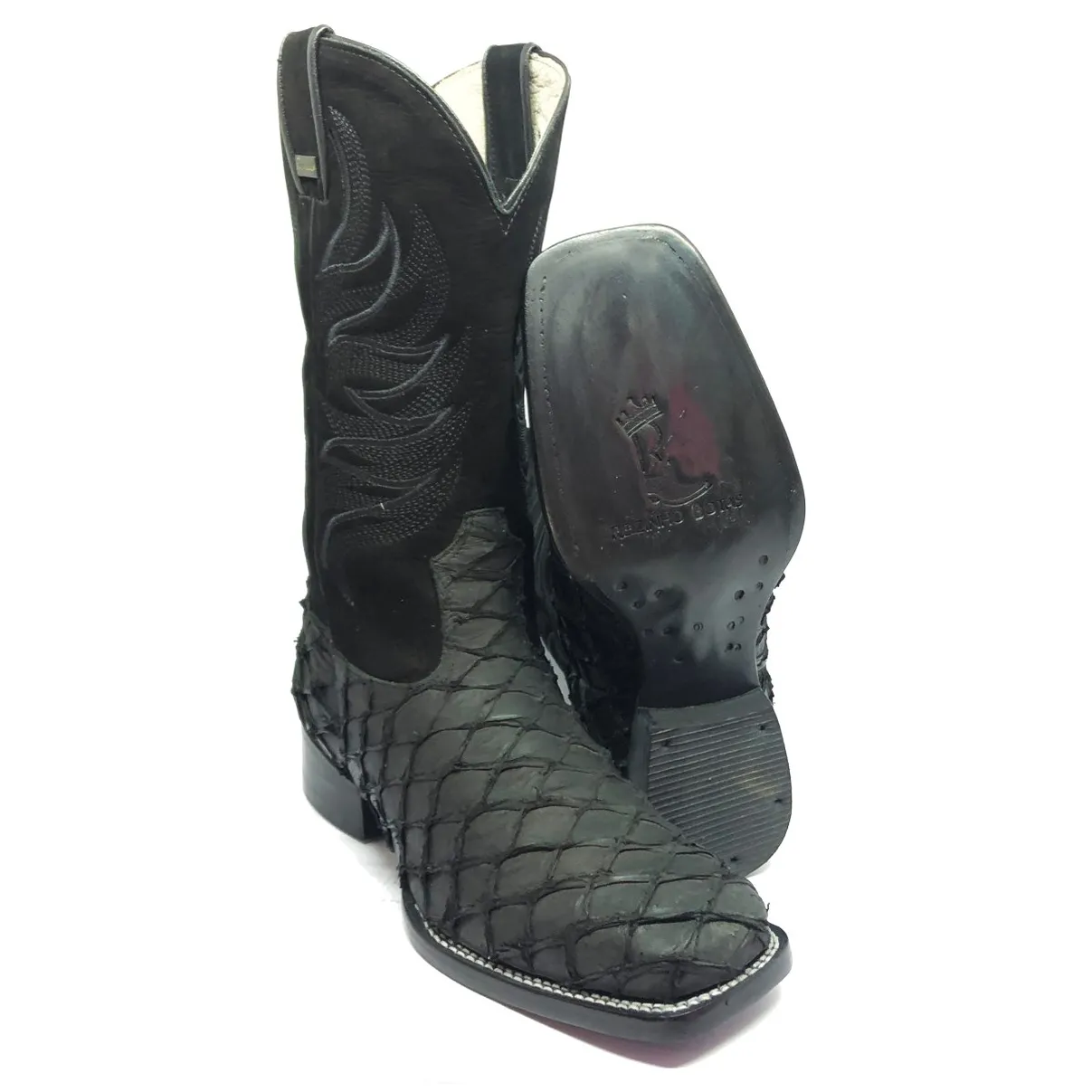 Bota Texana de Couro Legítimo de Pirarucu Preto - Cano Alto, Bico Quadrado - Solado de Couro Artesanal