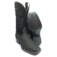 Bota Texana de Couro Legítimo de Pirarucu Preto - Cano Alto, Bico Quadrado - Solado de Couro Artesanal - imagem 1