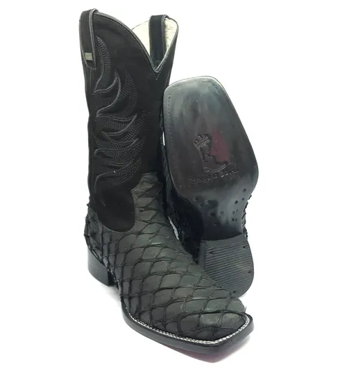Bota Texana de Couro Legítimo de Pirarucu Preto - Cano Alto, Bico Quadrado - Solado de Couro Artesanal