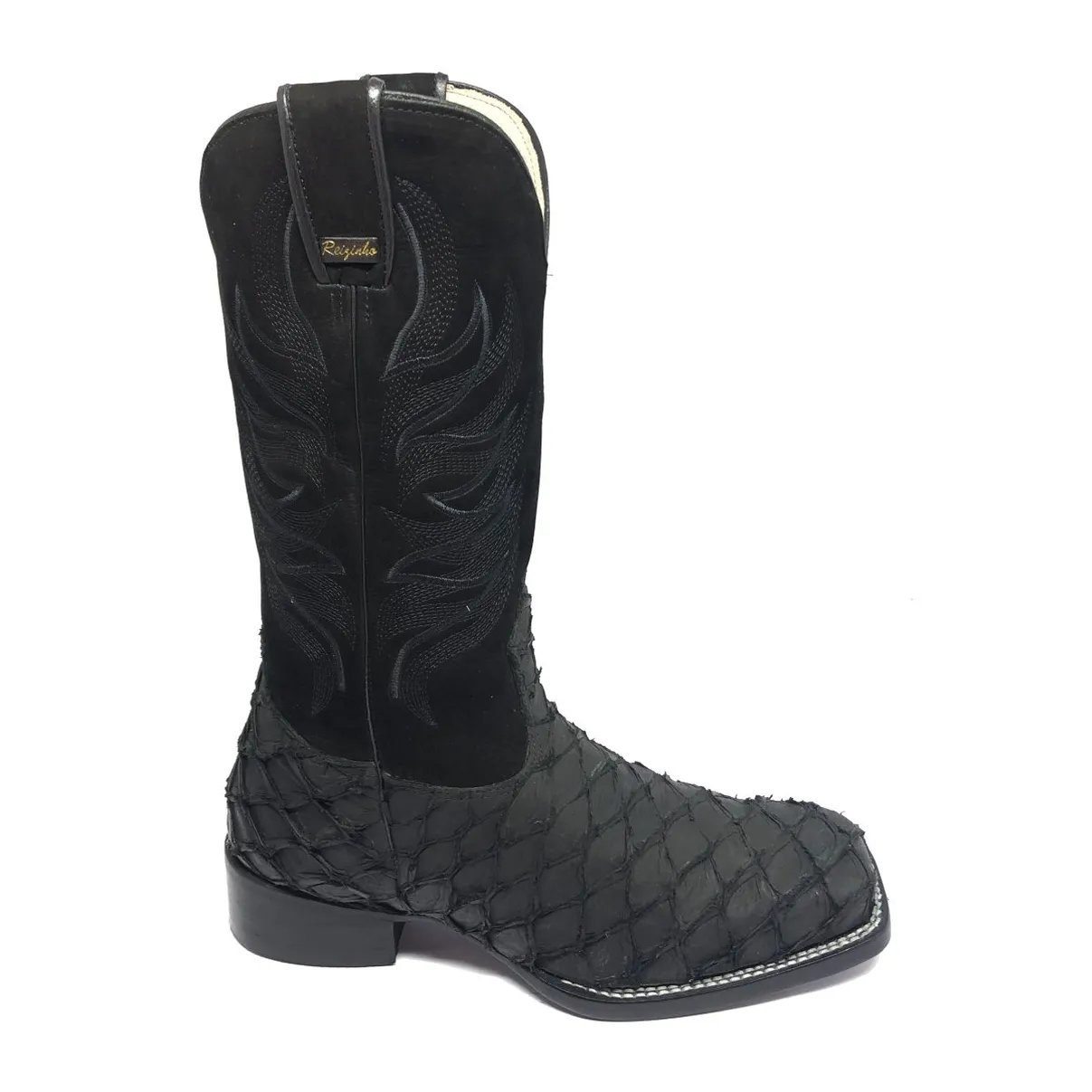 Bota Texana de Couro Legítimo de Pirarucu Preto - Cano Alto, Bico Quadrado - Solado de Couro Artesanal