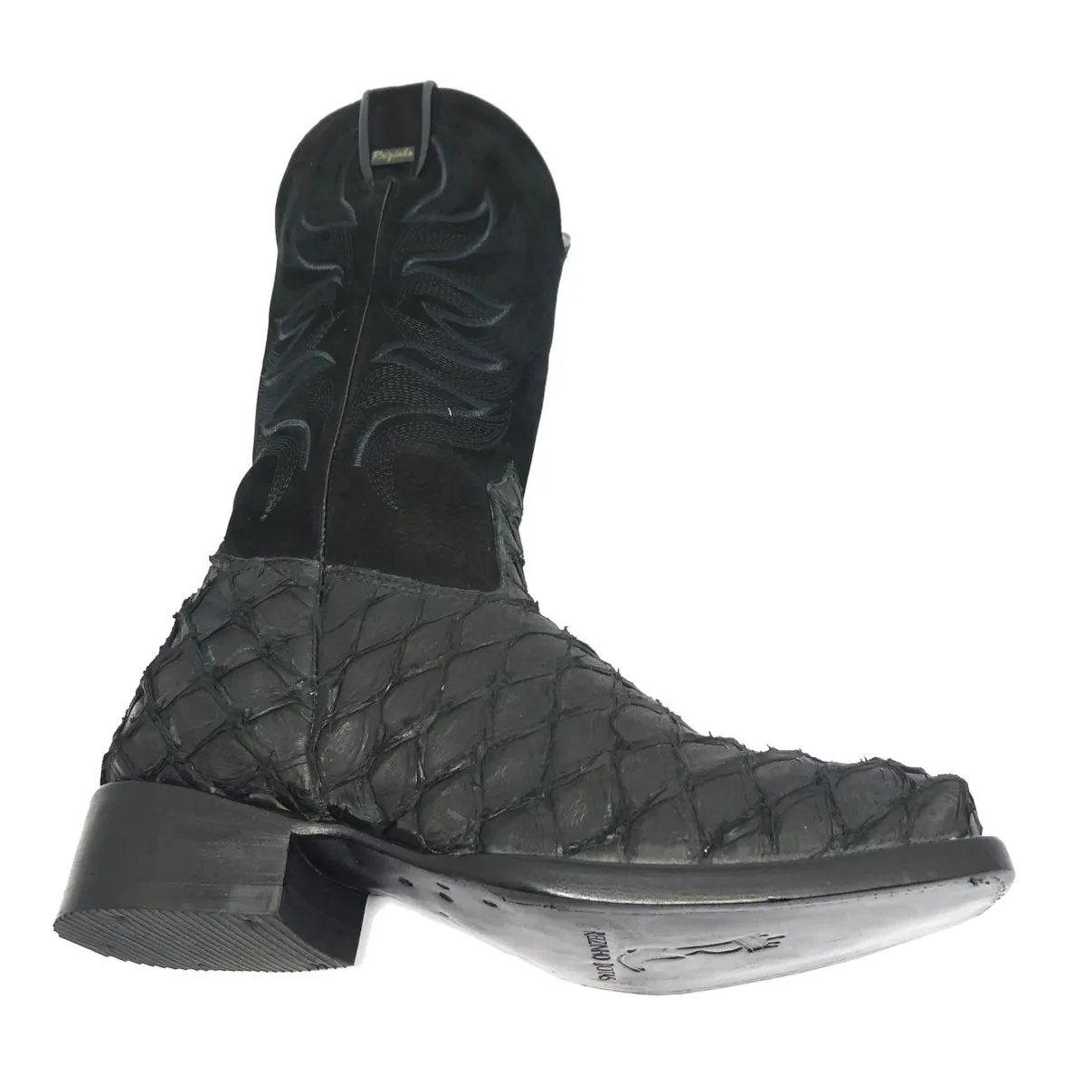 Bota Texana de Couro Legítimo de Pirarucu Preto - Cano Alto, Bico Quadrado - Solado de Couro Artesanal