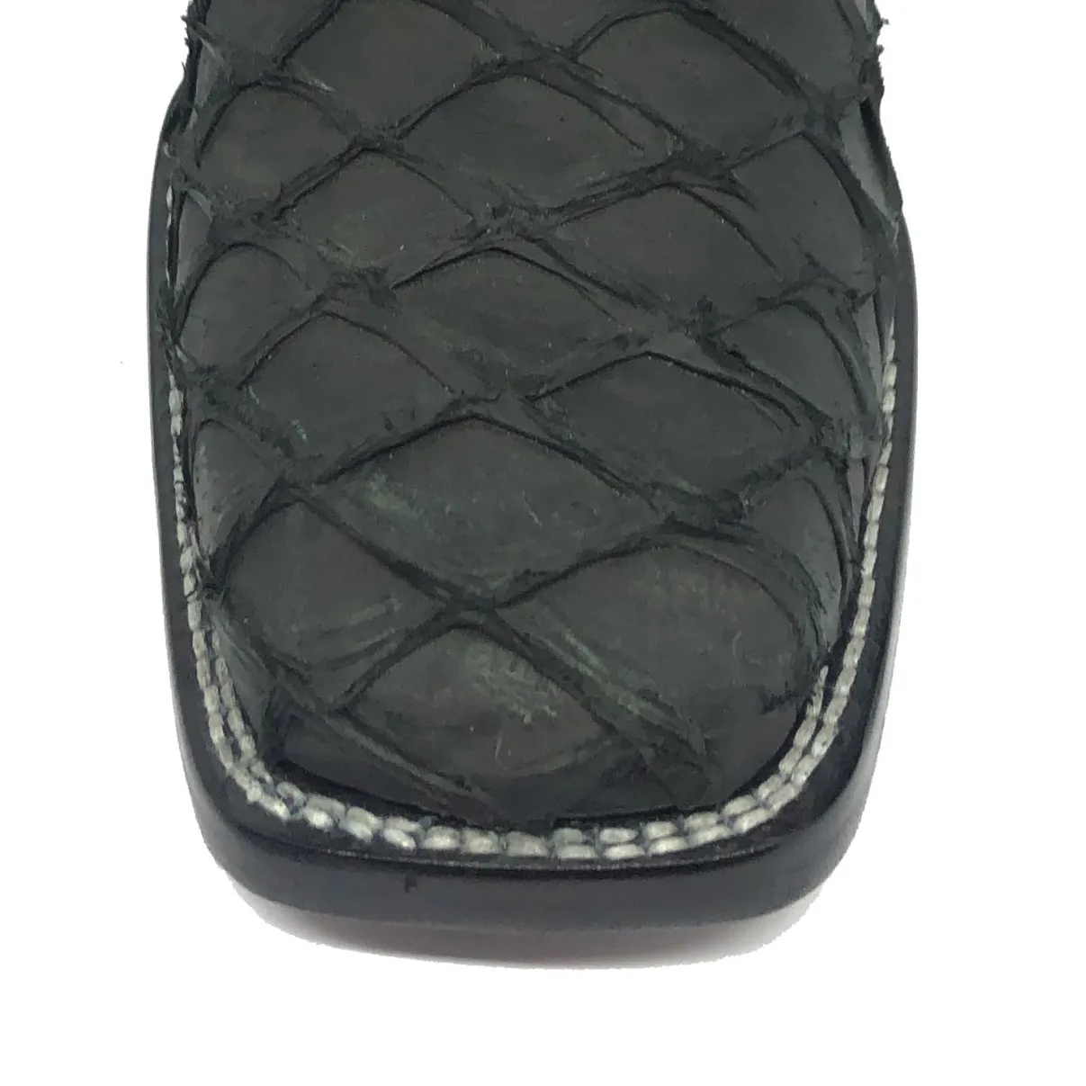 Bota Texana de Couro Legítimo de Pirarucu Preto - Cano Alto, Bico Quadrado - Solado de Couro Artesanal
