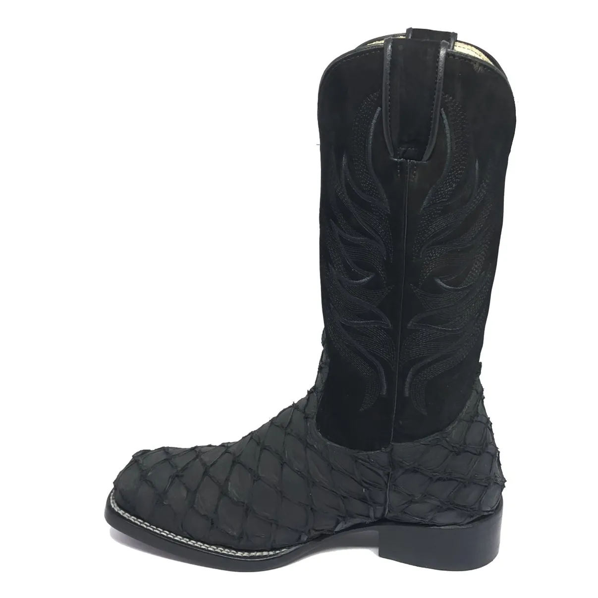 Bota Texana de Couro Legítimo de Pirarucu Preto - Cano Alto, Bico Quadrado - Solado de Couro Artesanal