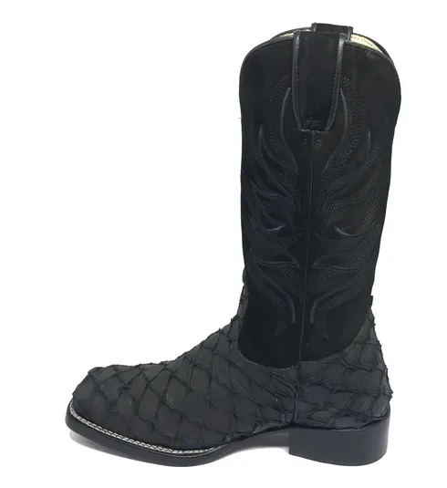 Bota Texana de Couro Legítimo de Pirarucu Preto - Cano Alto, Bico Quadrado - Solado de Couro Artesanal