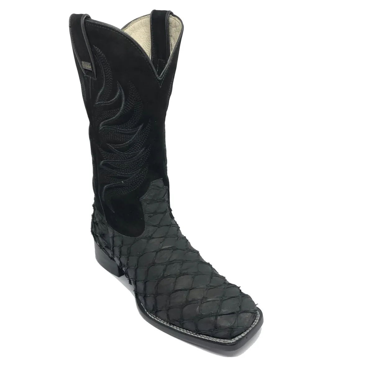 Bota Texana de Couro Legítimo de Pirarucu Preto - Cano Alto, Bico Quadrado - Solado de Couro Artesanal