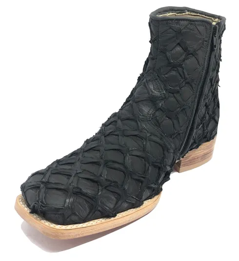 Bota Texana de Couro Legítimo de Pirarucu Preto - Cano Curto, Bico Quadrado - Solado de Couro Artesanal