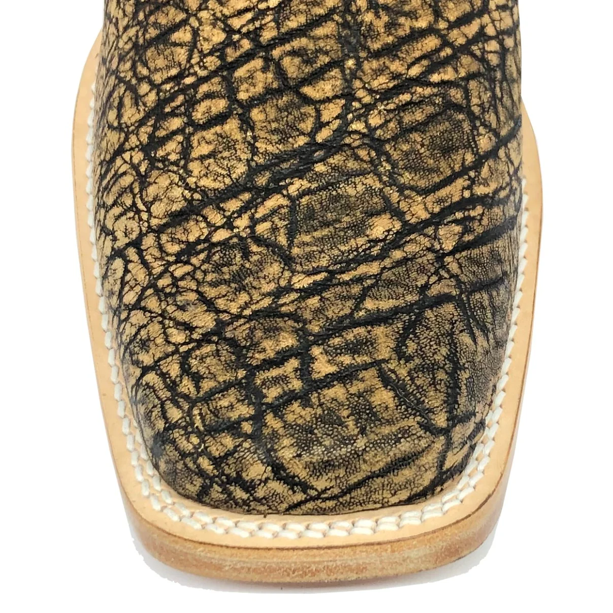 Bota Texana Reizinho Premium de Couro Legítimo de Elefante Black Cognac - Cano Alto, Bico Quadrado - Solado de Couro Art