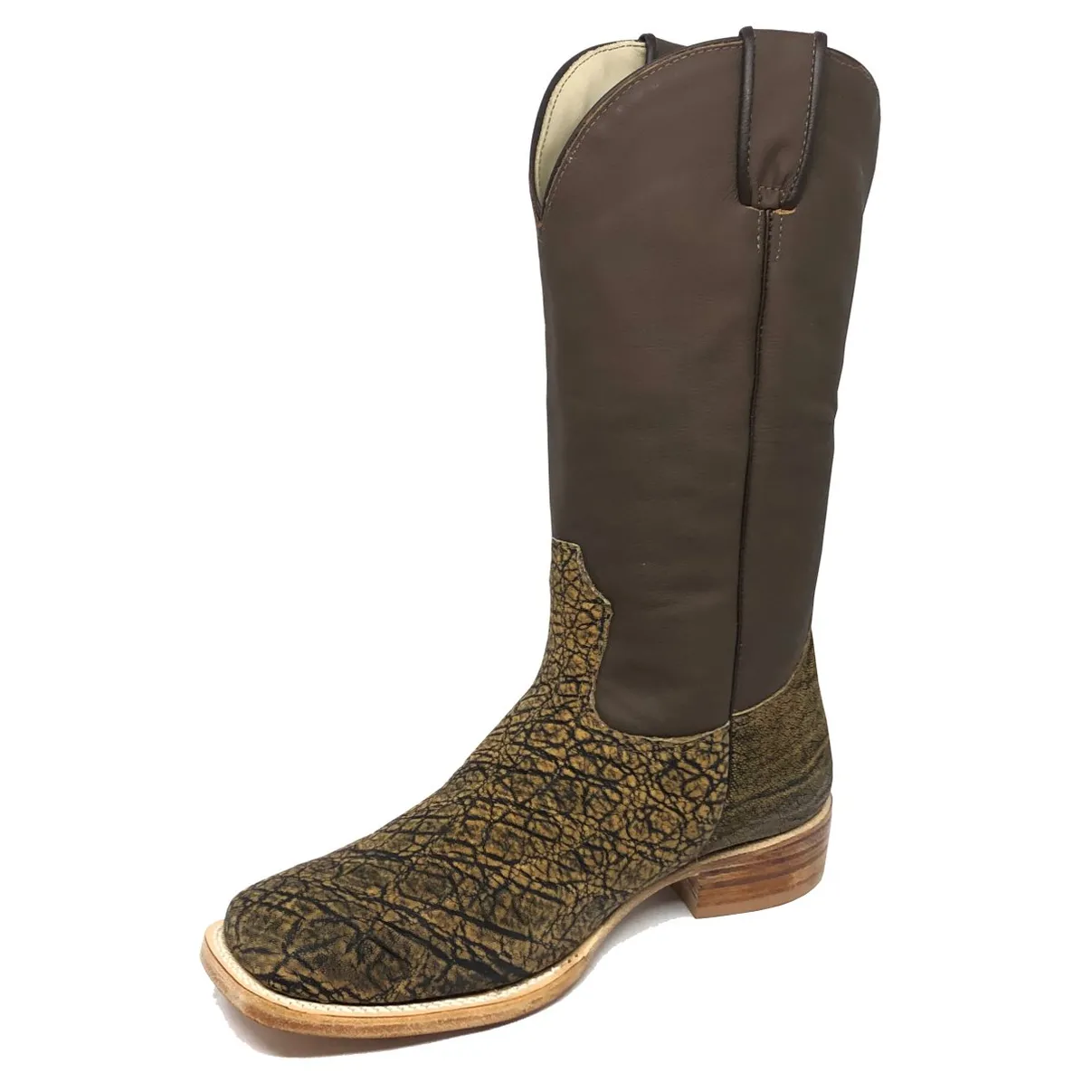 Bota Texana Reizinho Premium de Couro Legítimo de Elefante Black Cognac - Cano Alto, Bico Quadrado - Solado de Couro Art