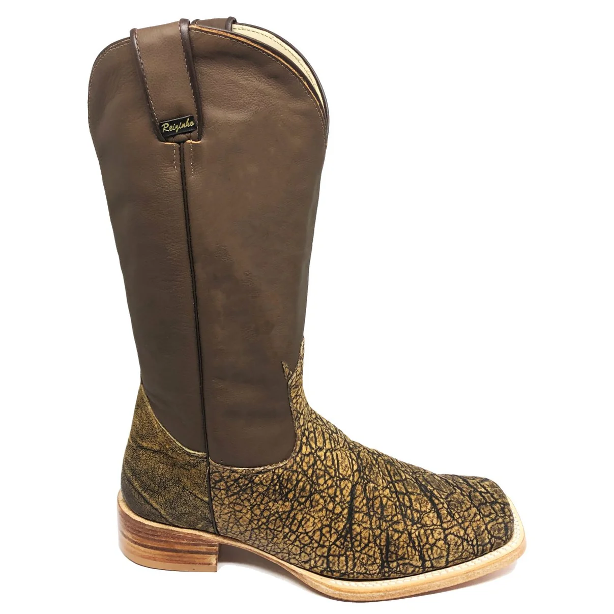 Bota Texana Reizinho Premium de Couro Legítimo de Elefante Black Cognac - Cano Alto, Bico Quadrado - Solado de Couro Art