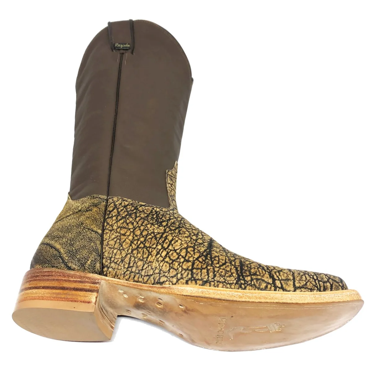 Bota Texana Reizinho Premium de Couro Legítimo de Elefante Black Cognac - Cano Alto, Bico Quadrado - Solado de Couro Art
