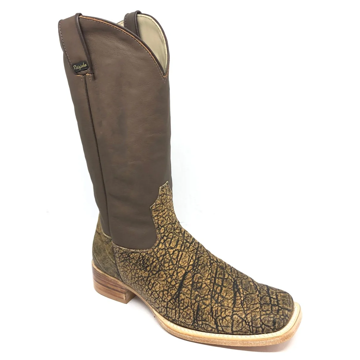 Bota Texana Reizinho Premium de Couro Legítimo de Elefante Black Cognac - Cano Alto, Bico Quadrado - Solado de Couro Art