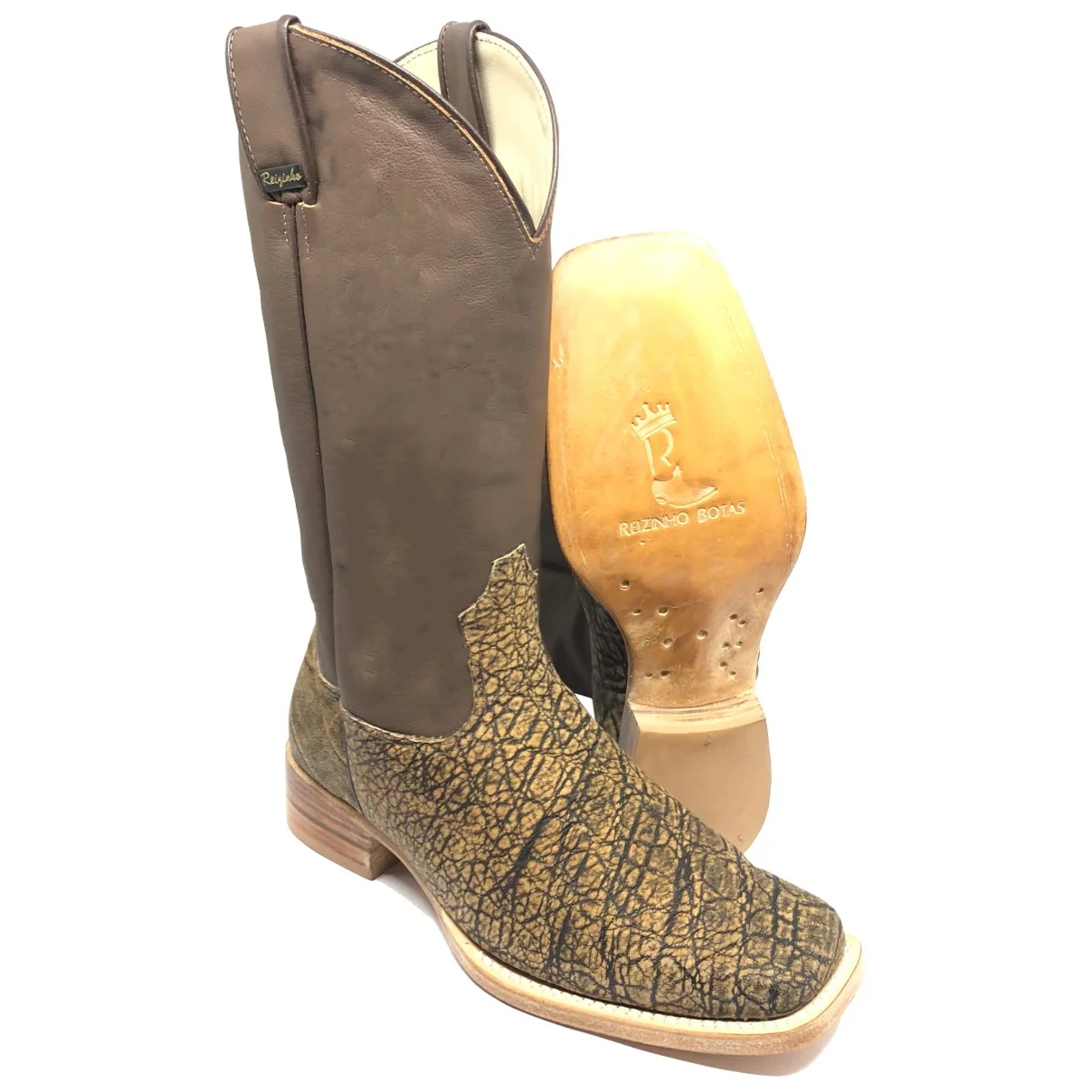 Bota Texana Reizinho Premium de Couro Legítimo de Elefante Black Cognac - Cano Alto, Bico Quadrado - Solado de Couro Art