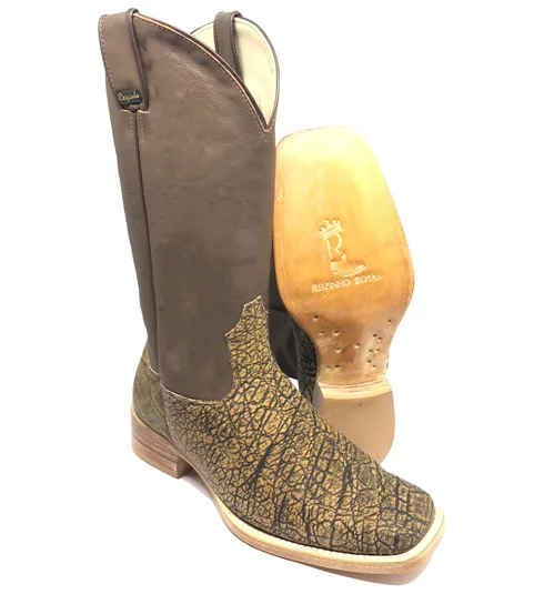 Bota Texana Reizinho Premium de Couro Legítimo de Elefante Black Cognac - Cano Alto, Bico Quadrado - Solado de Couro Art