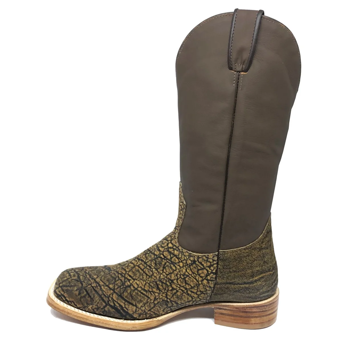 Bota Texana Reizinho Premium de Couro Legítimo de Elefante Black Cognac - Cano Alto, Bico Quadrado - Solado de Couro Art