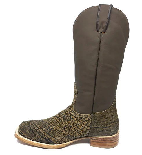 Bota Texana Reizinho Premium de Couro Legítimo de Elefante Black Cognac - Cano Alto, Bico Quadrado - Solado de Couro Art