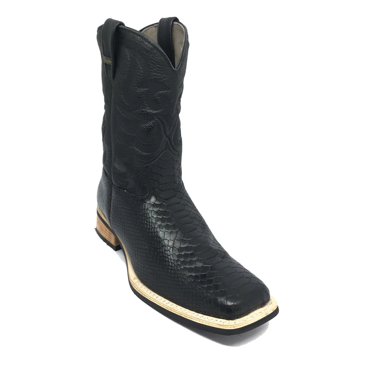 Bota de Couro Bovino Imitação de Cobra Preta - Cano Médio, Bico Quadrado, SOLADO X-FLEX ARTESANAL