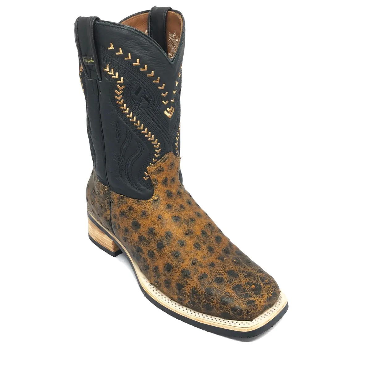 Bota De Couro De Avestruz Cheio Black Cognac - Cano Médio, Bico Quadrado, Solado X-Flex Artesanal