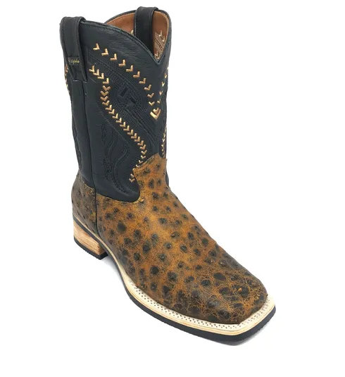 Bota De Couro De Avestruz Cheio Black Cognac - Cano Médio, Bico Quadrado, Solado X-Flex Artesanal