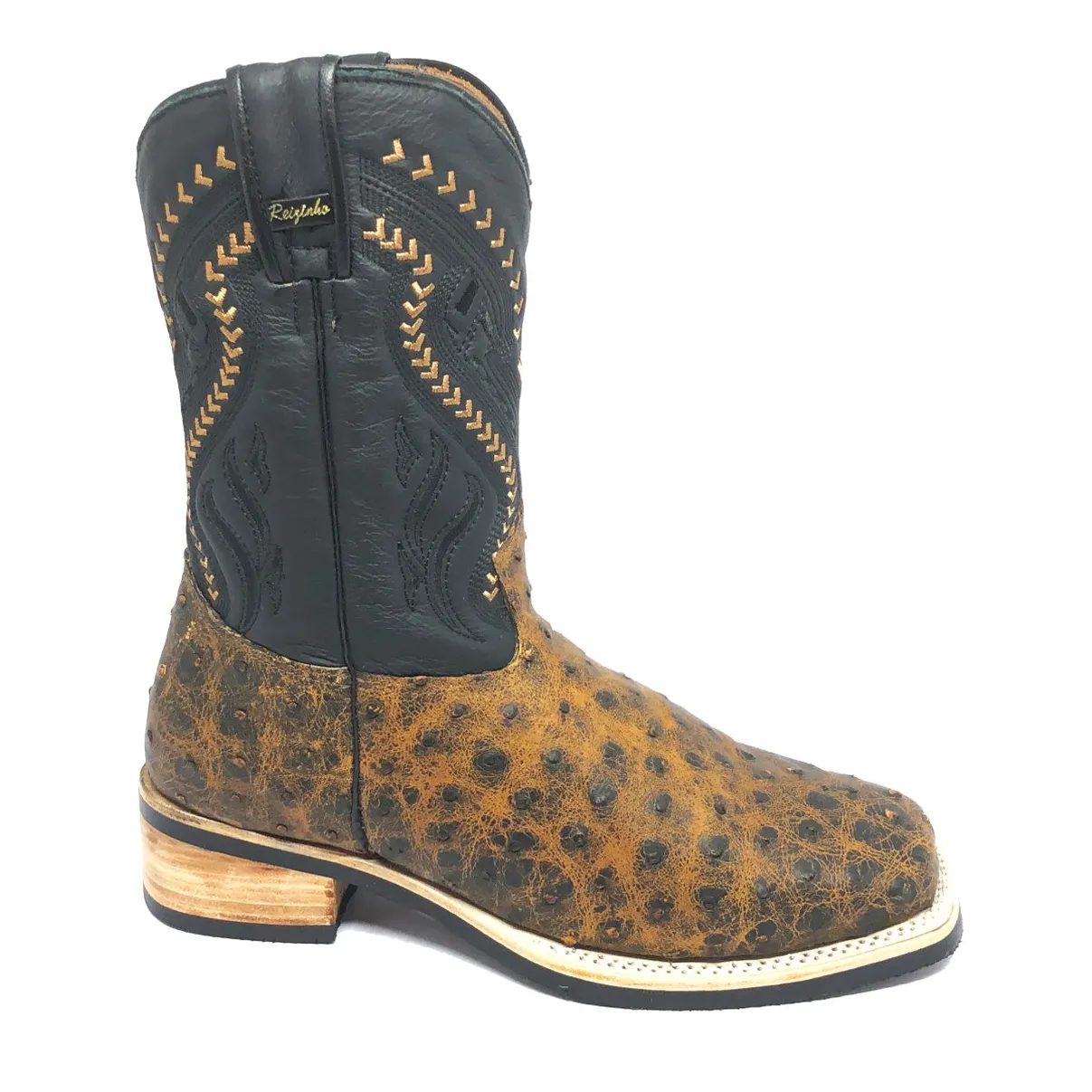 Bota De Couro De Avestruz Cheio Black Cognac - Cano Médio, Bico Quadrado, Solado X-Flex Artesanal