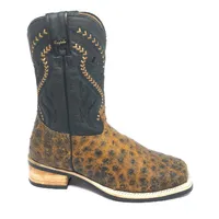 Bota De Couro De Avestruz Cheio Black Cognac - Cano Médio, Bico Quadrado, Solado X-Flex Artesanal - imagem 5
