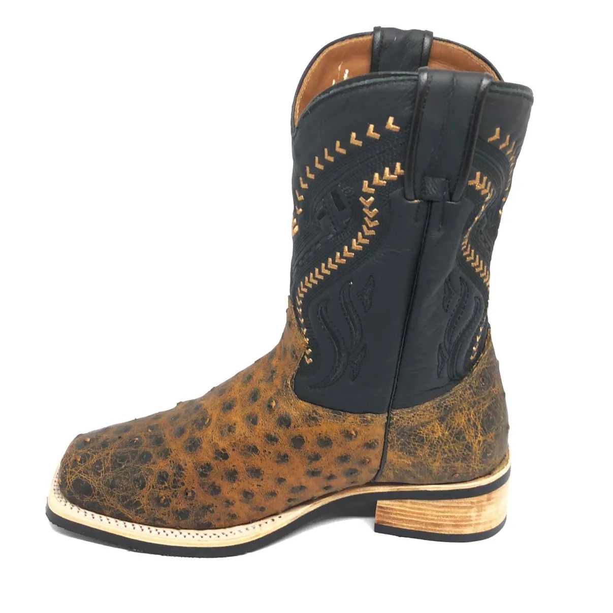 Bota De Couro De Avestruz Cheio Black Cognac - Cano Médio, Bico Quadrado, Solado X-Flex Artesanal