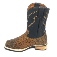Bota De Couro De Avestruz Cheio Black Cognac - Cano Médio, Bico Quadrado, Solado X-Flex Artesanal - imagem 3