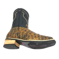 Bota De Couro De Avestruz Cheio Black Cognac - Cano Médio, Bico Quadrado, Solado X-Flex Artesanal - imagem 4