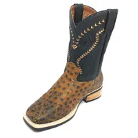 Bota De Couro De Avestruz Cheio Black Cognac - Cano Médio, Bico Quadrado, Solado X-Flex Artesanal - imagem 1