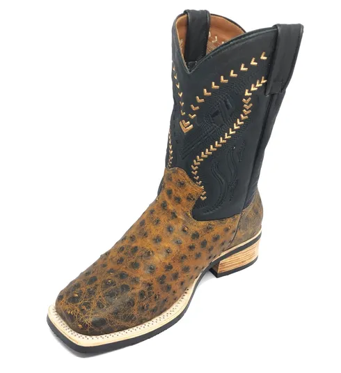 Bota De Couro De Avestruz Cheio Black Cognac - Cano Médio, Bico Quadrado, Solado X-Flex Artesanal