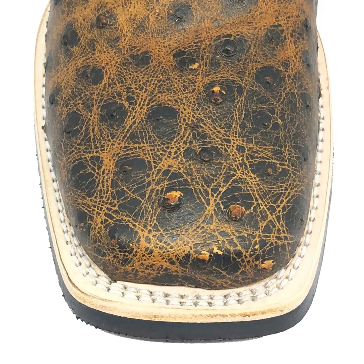 Bota De Couro De Avestruz Cheio Black Cognac - Cano Médio, Bico Quadrado, Solado X-Flex Artesanal