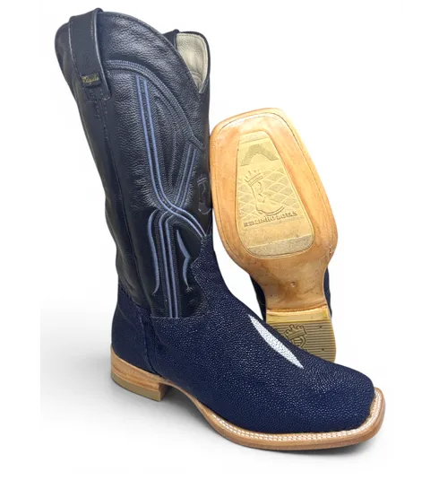 Bota Texana Reizinho Premium de Couro Legítimo de Arraia Deep Blue LIMITED EDITION - Cano Alto, Bico Quadrado - Solado de Couro Artesanal Injetado