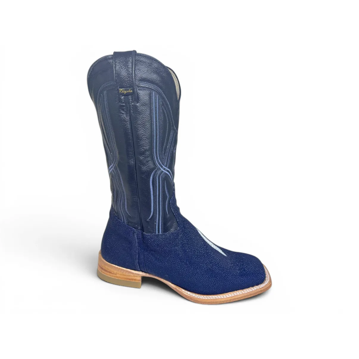 Bota Texana Reizinho Premium de Couro Legítimo de Arraia Deep Blue LIMITED EDITION - Cano Alto, Bico Quadrado - Solado de Couro Artesanal Injetado