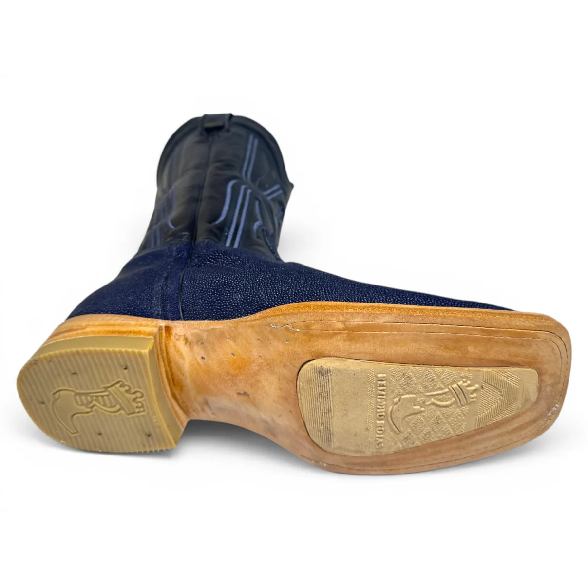 Bota Texana Reizinho Premium de Couro Legítimo de Arraia Deep Blue LIMITED EDITION - Cano Alto, Bico Quadrado - Solado de Couro Artesanal Injetado