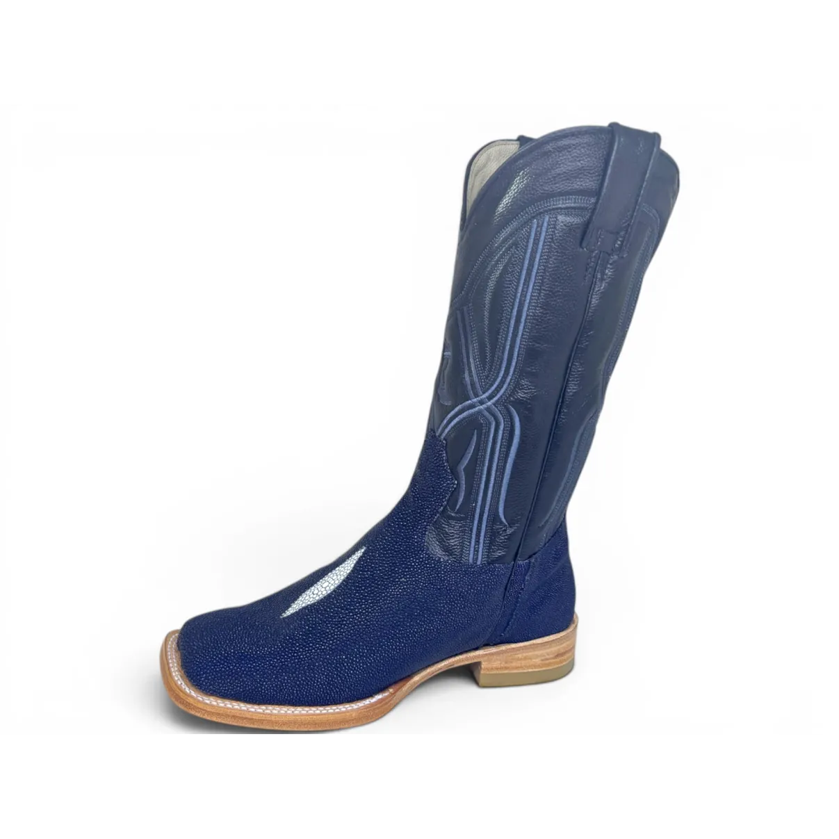 Bota Texana Reizinho Premium de Couro Legítimo de Arraia Deep Blue LIMITED EDITION - Cano Alto, Bico Quadrado - Solado de Couro Artesanal Injetado