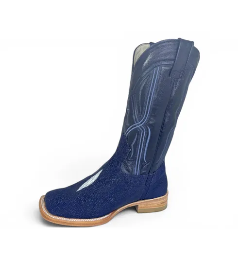Bota Texana Reizinho Premium de Couro Legítimo de Arraia Deep Blue LIMITED EDITION - Cano Alto, Bico Quadrado - Solado de Couro Artesanal Injetado
