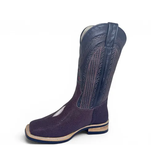 Bota Texana Reizinho Premium de Couro Legítimo de Arraia Marrom Café LIMITED EDITION - Cano Alto, Bico Quadrado - Solado X-Flex Artesanal
