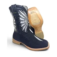 Bota Texana Reizinho Premium de Couro Legítimo de Arraia Preta LIMITED EDITION - Cano Médio, Bico Quadrado - Solado de Couro Artesanal Injetado - imagem 1