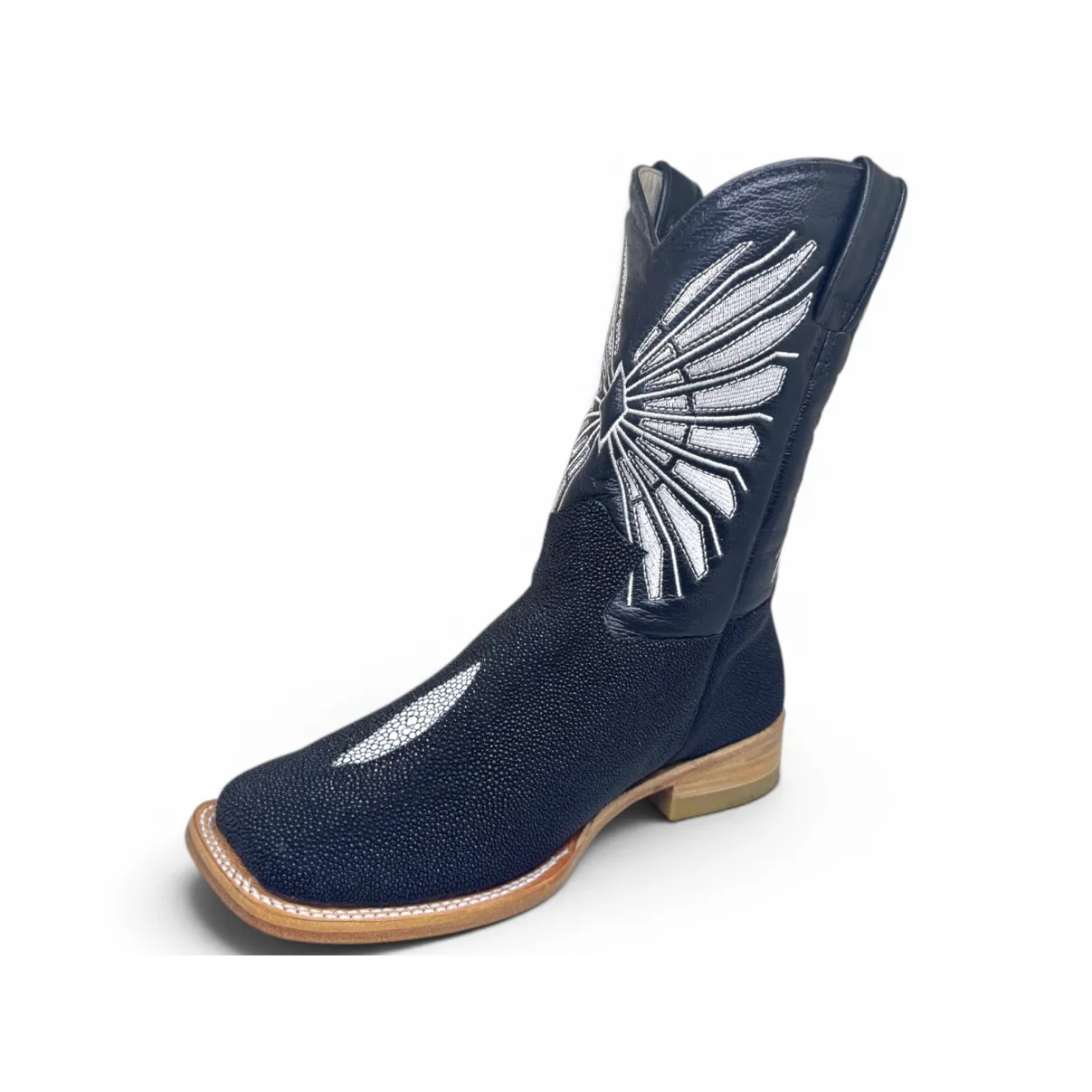 Bota Texana Reizinho Premium de Couro Legítimo de Arraia Preta LIMITED EDITION - Cano Médio, Bico Quadrado - Solado de Couro Artesanal Injetado