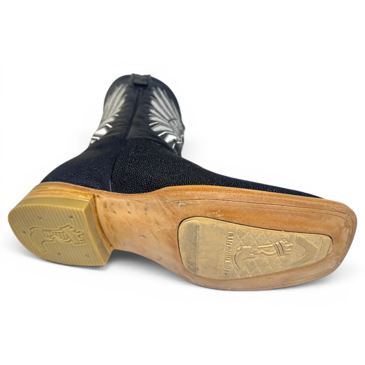 Bota Texana Reizinho Premium de Couro Legítimo de Arraia Preta LIMITED EDITION - Cano Médio, Bico Quadrado - Solado de Couro Artesanal Injetado