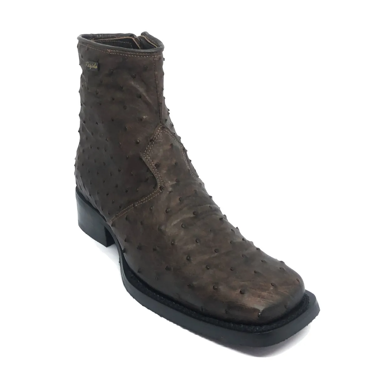 Bota de Couro De Avestruz Cheio Marrom Café - Cano Curto, Bico Quadrado, Solado X-Flex Artesanal