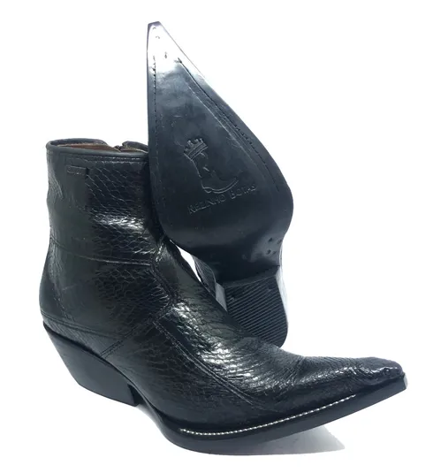 Bota Texana Reizinho Premium de Couro Legítimo de Cobra Napa Preta com Cabeça LIMITED EDITION - Cano Curto, Bico Fino - Solado de Couro Artesanal