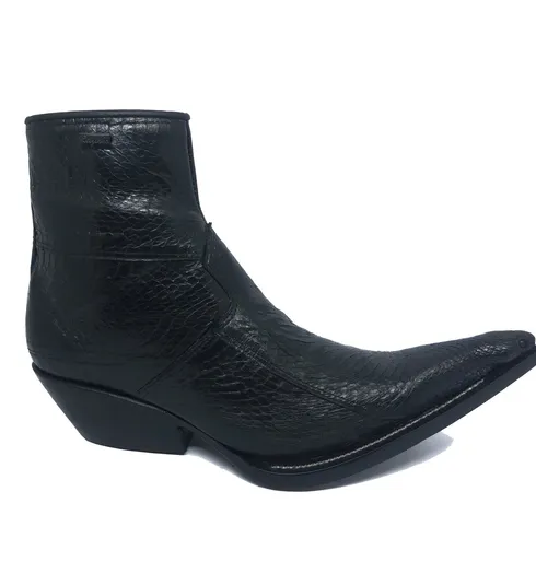 Bota Texana Reizinho Premium de Couro Legítimo de Cobra Napa Preta com Cabeça LIMITED EDITION - Cano Curto, Bico Fino - Solado de Couro Artesanal
